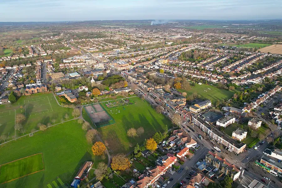 aerial view of street and roads in Hornchurch and Upminster, London UK