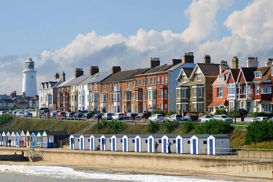 the busy promenade in Southwold along the Suffolk coast, England