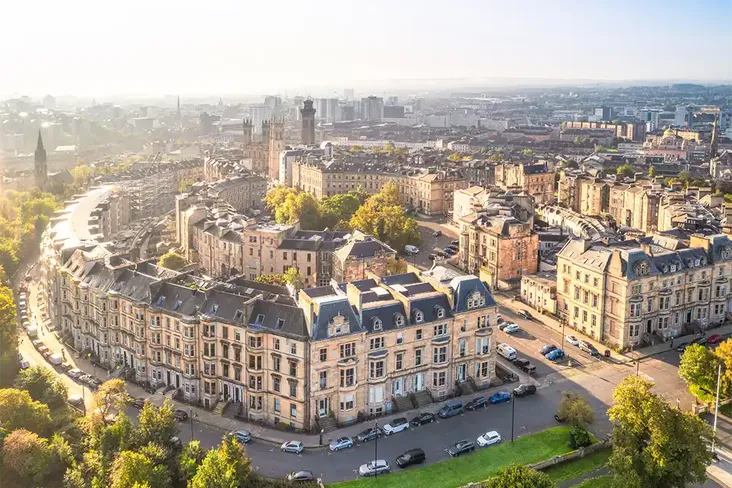 ariel view of houses in glasgows park district in scotland