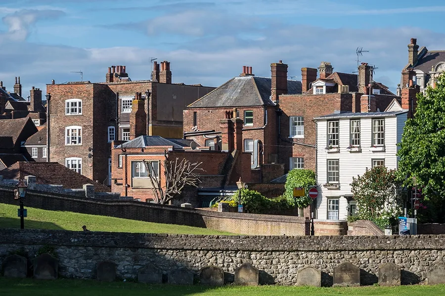 leasehold townhouses and the lawn of the Rochester Castle, Rochester, South East England