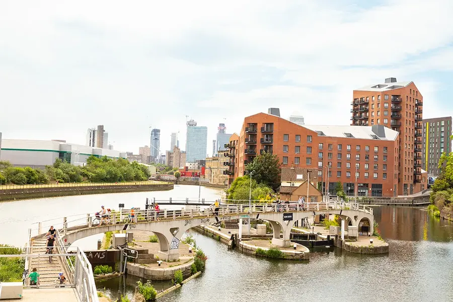Bow Locks on the Lee River surrounded by modern buildings