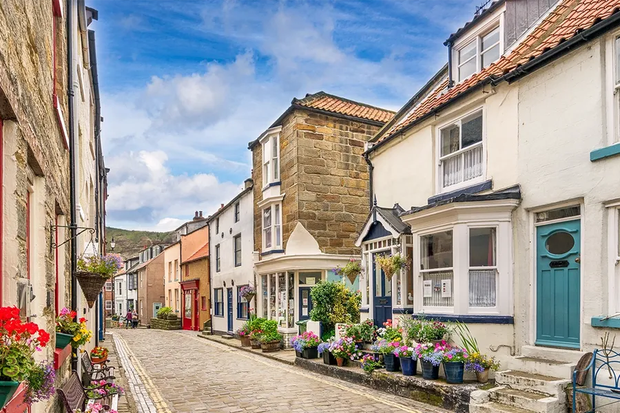 a row of houses in the coastal town of Staithes on the north east Yorkshire coast in England