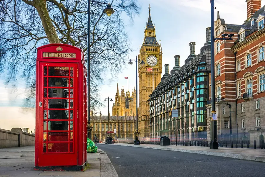 iconic british old red telephone box with the Big Ben at background in the city of London