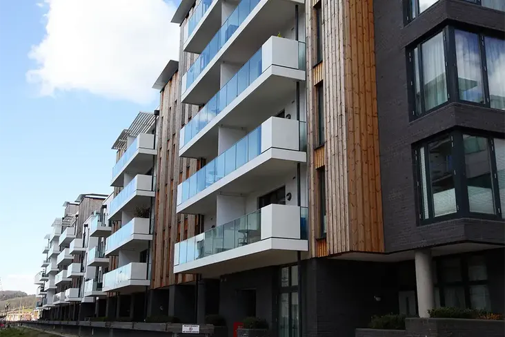 a block of modern leasehold flats in London