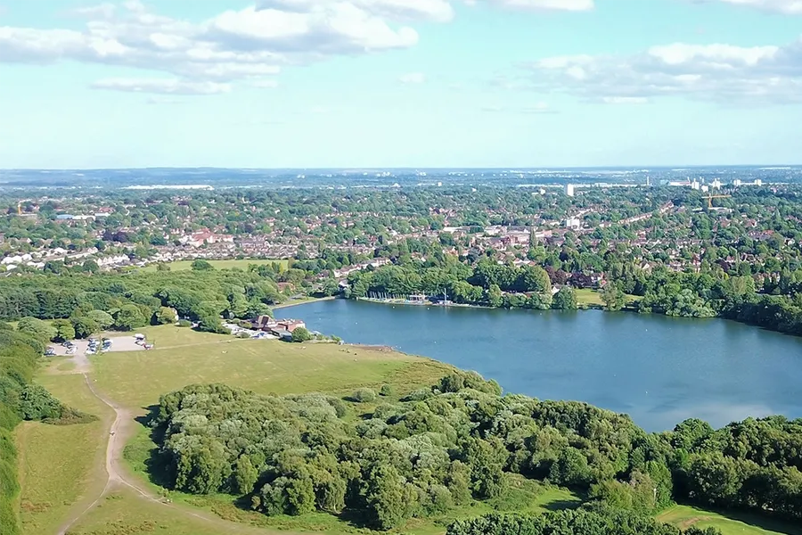 Aerial view of Powell`s Pool in Sutton park Birmingham, West Midlands, UK