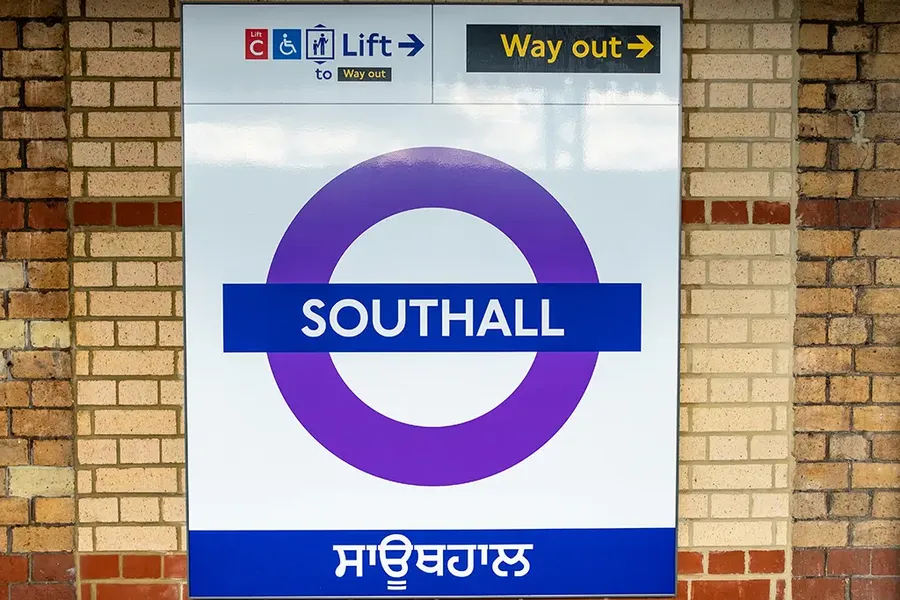 Southall station sign on the Elizabeth Line platform, Southall, London UK