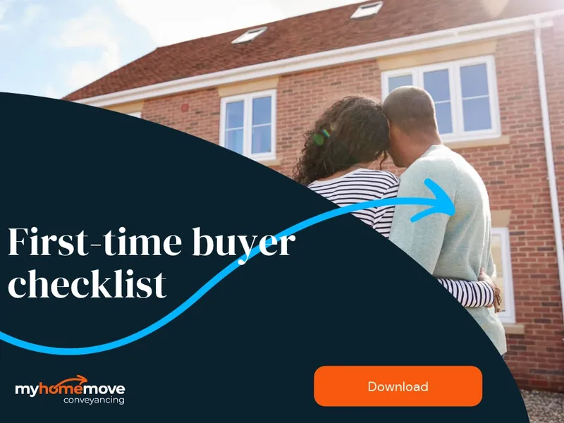 A first-time buyer couple stands embracing in front of a brick house. Text overlay reads "First-time buyer checklist" with a download button.
