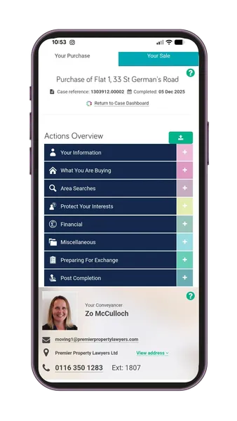 Mobile screen displaying the eWay property purchase dashboard for Flat 1, with an actions overview and contact details of the conveyancer.