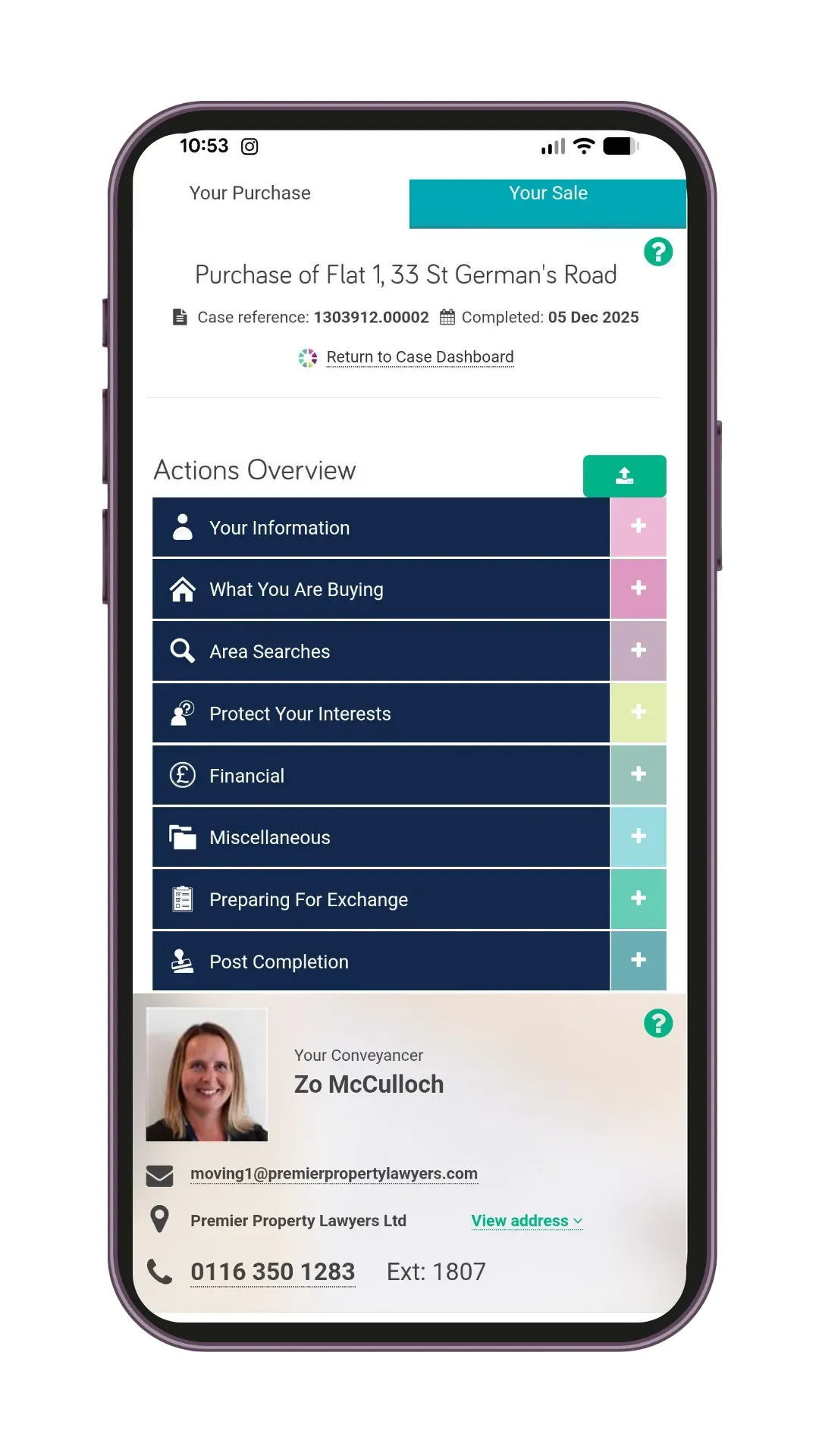Mobile screen displaying the eWay property purchase dashboard for Flat 1, with an actions overview and contact details of the conveyancer.