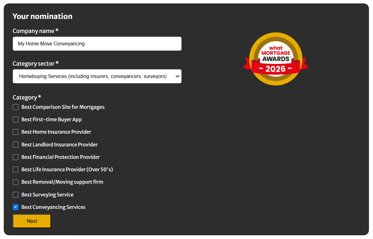 Online nomination form for "What Mortgage Awards 2026" with fields for company name, category sector, and category selection.