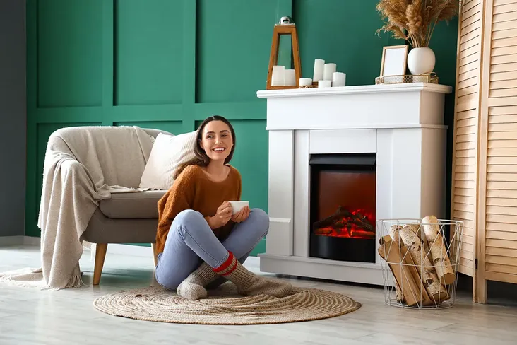 young woman sat on a rug in front of a fire in her living room with a cosy chair behind her. She is wearing wolly socks and holding a mug and smiling