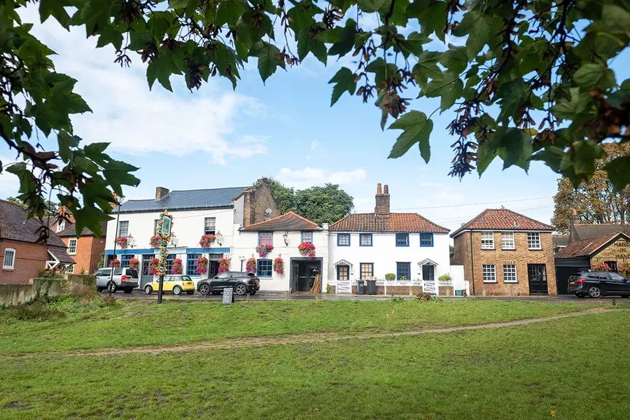 row of terraced houses including a white fronted pub close to wimbledon common. With hanging flower baskets in front of the pub and small green.