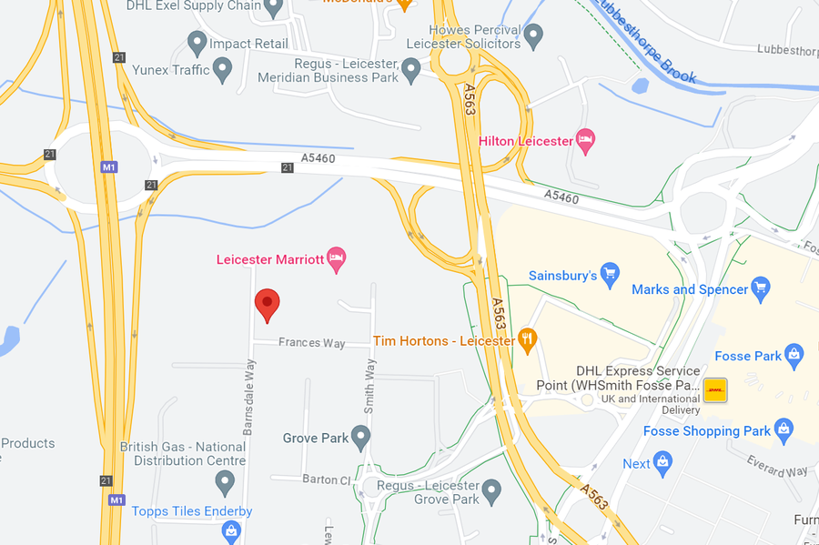 Map showing roads and locations in Leicester, including Simplify head office, Marriott Hotel, Tim Hortons, Sainsbury's, and Fosse Shopping Park.