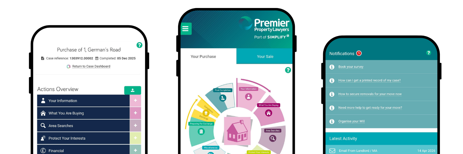 Mobile app interface for Premier Property Lawyers eWay app with sections for purchase details, actions overview, and notifications.
