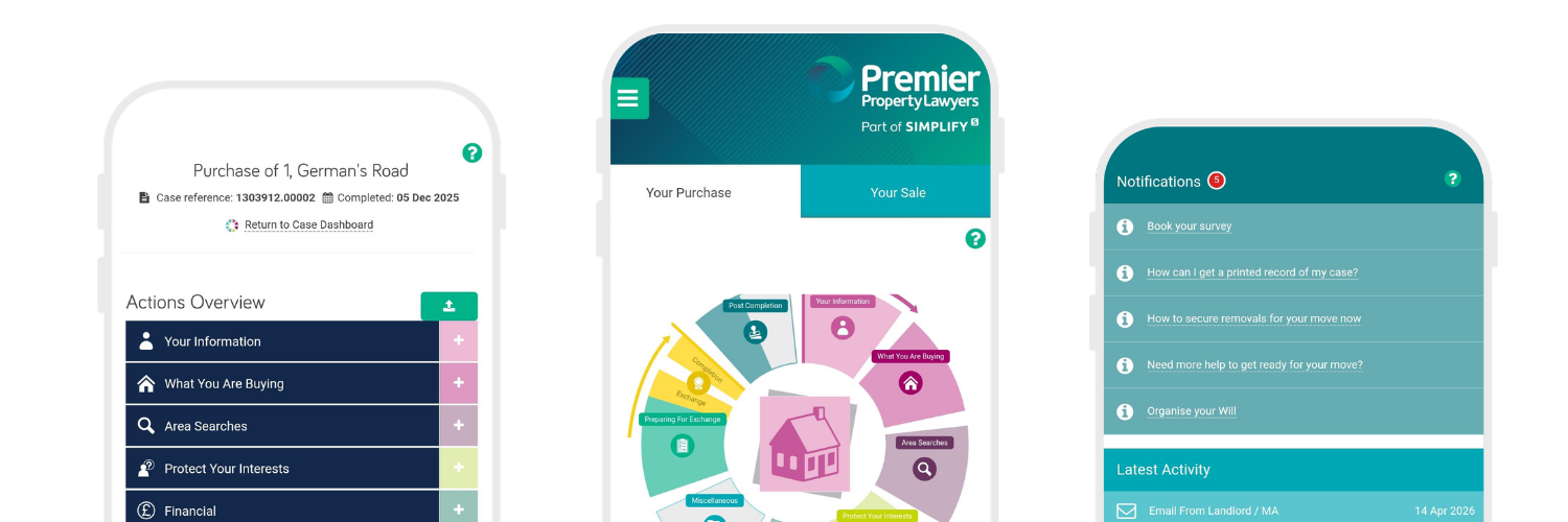 Three smartphone screens display eway, a property purchase dashboard, circular chart, and notifications list for Premier Property Lawyers.