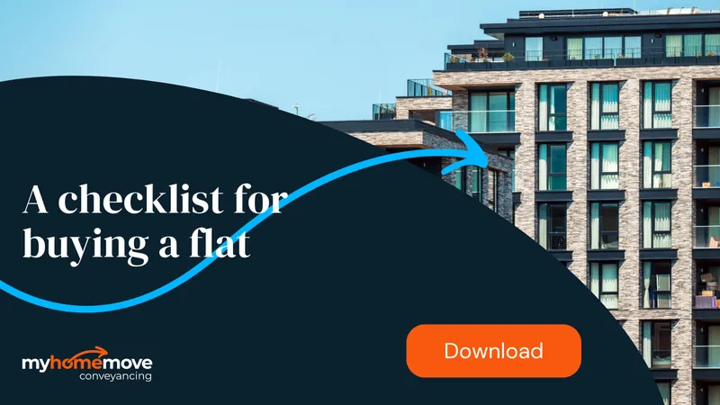 Checklist for buying a flat next to a modern building with large windows. Includes a download button and a "My Home Move Conveyancing" logo.