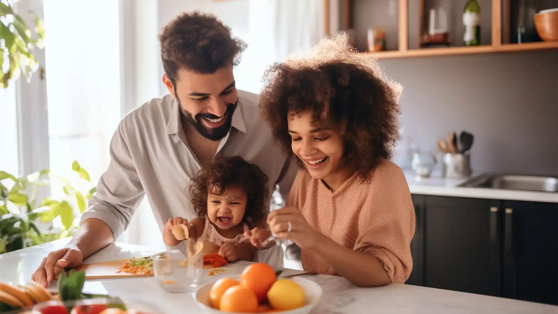 a happy family making a cake to celebrate making an offer on a new house