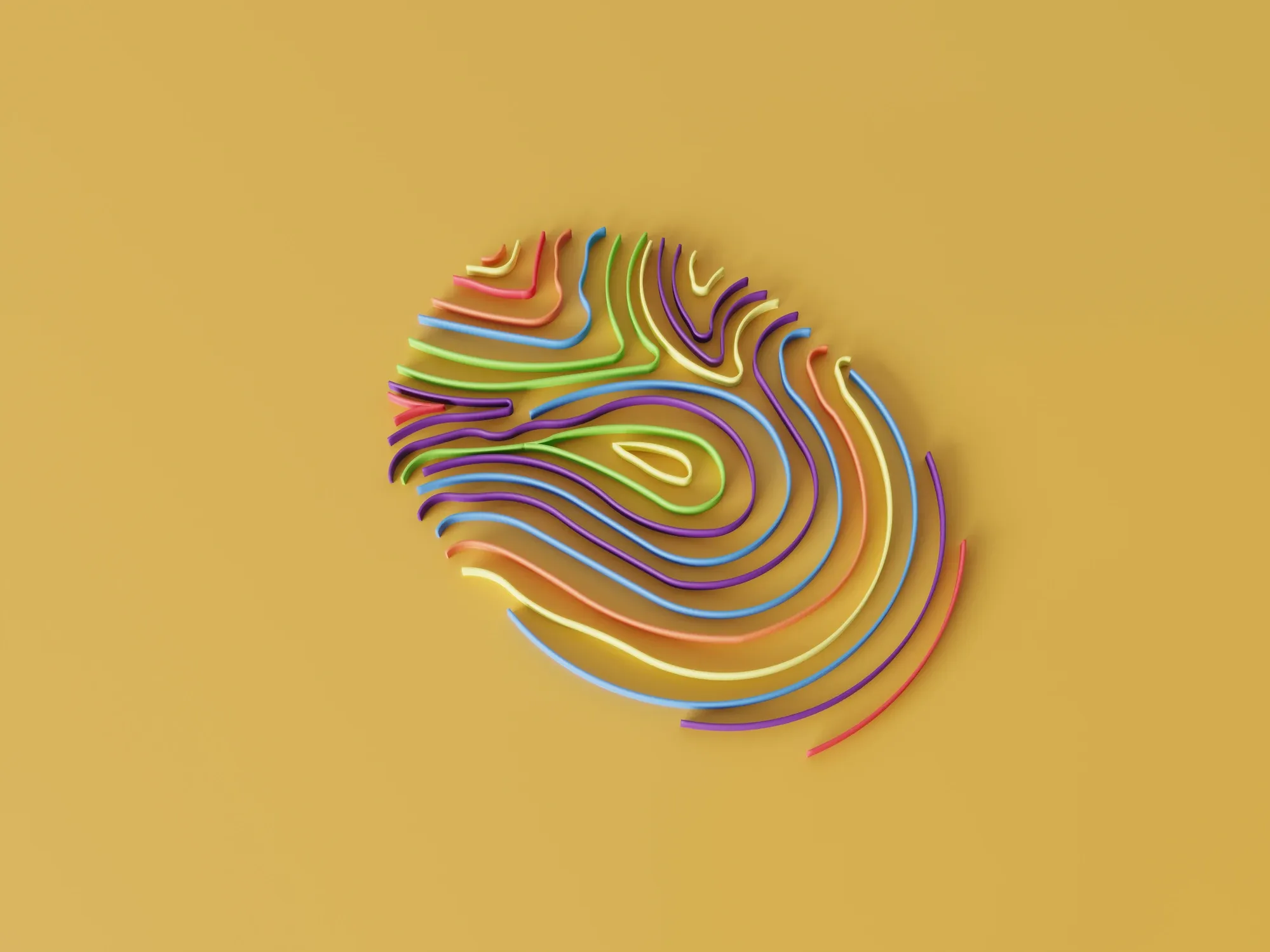 A colorful, abstract fingerprint design made of curved lines on a yellow background.