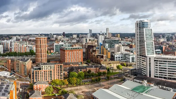 aerial cityscape view of apartment buildings in Leeds city, Yorkshire and the Humber, UK