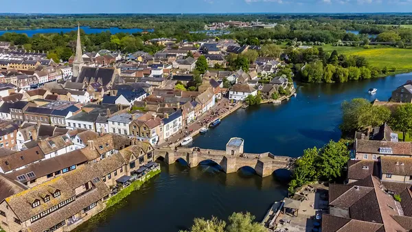 aerial view of the River Great Ouse and St Ives, Cambridgeshire, UK