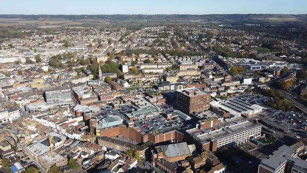 houses and building as seen from aerial view of Maidstone town centre, Kent UK