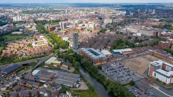 houses and apartment buildings in Leicester city centre, East Midlands UK