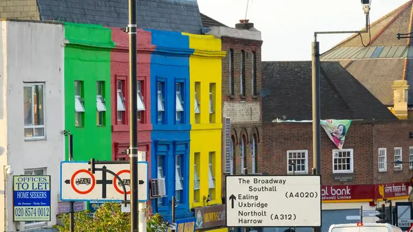 famous colourful buildings on Southall Broadway, London