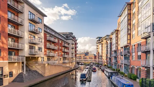 modern apartments along the canal in Birmingham city centre, West Midlands UK