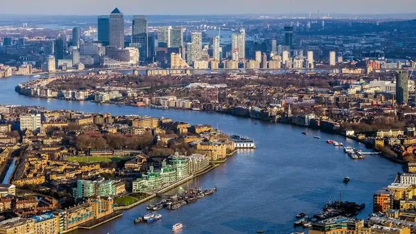 Aerial skyline view of East London, UK
