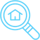 blue icon of a magnifying glass with a house outline in the middle