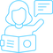 Icon of a person with shoulder-length hair holding a document, gesturing with one hand, and a speech bubble above them.
