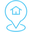 blue icon showing a location pin outline with a house in the middle