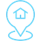 blue icon showing a location pin outline with a house in the middle