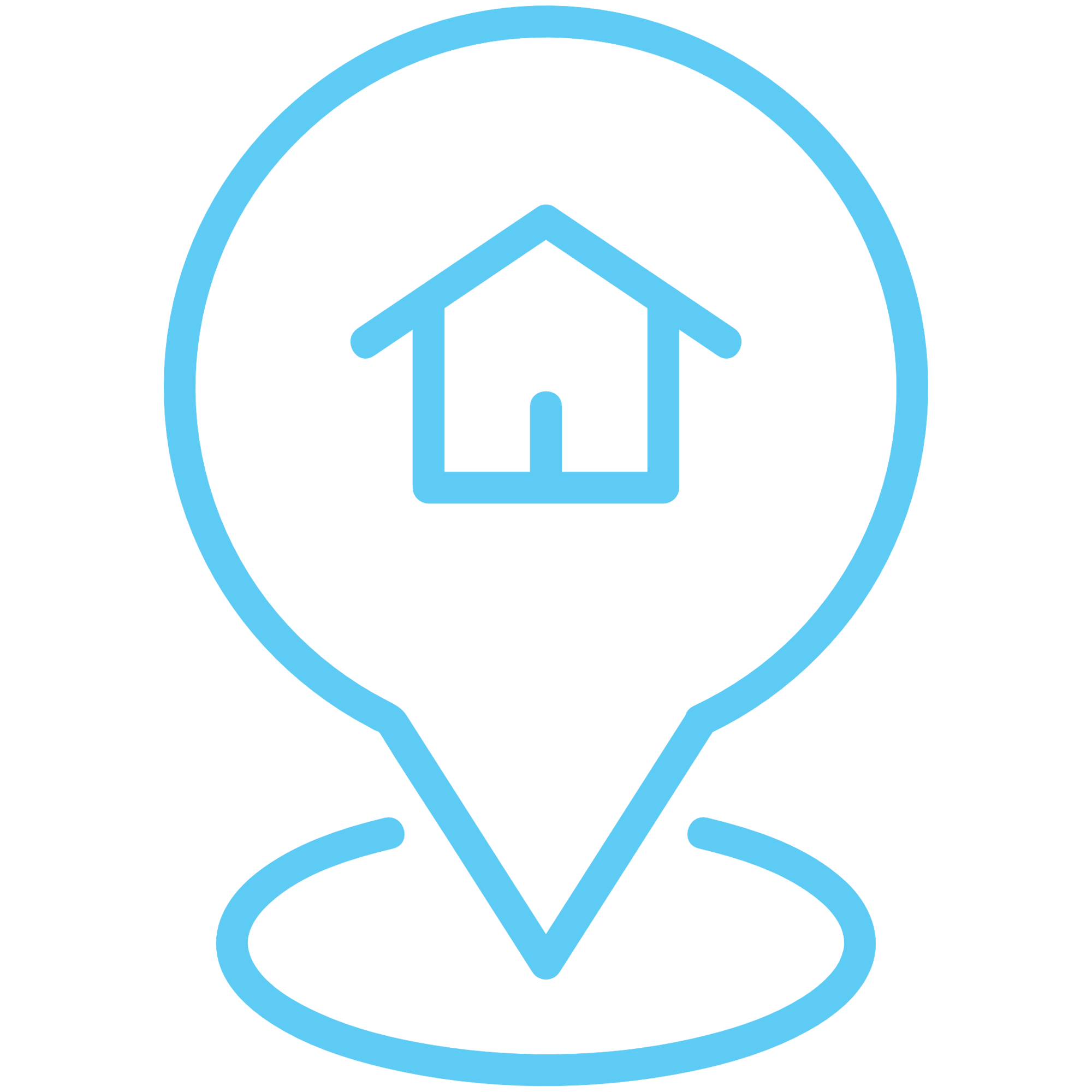 blue icon showing a location pin outline with a house in the middle