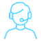 blue icon of the outline of a person with a headset on, like they are working in a call centre or customer services