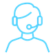 blue icon of the outline of a person with a headset on, like they are working in a call centre or customer services