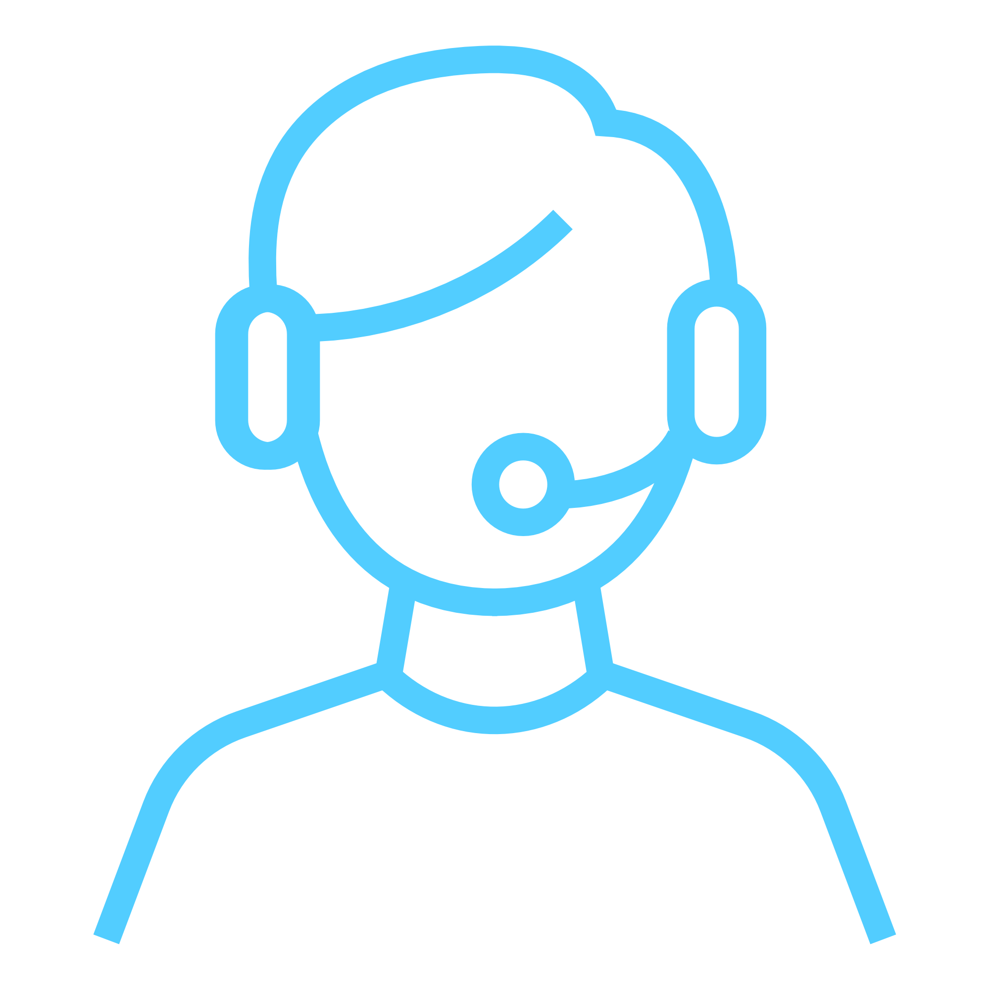blue icon of the outline of a person with a headset on, like they are working in a call centre or customer services