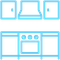 blue outline icon of a kitchen including cabinets, an oven and an extractor fan