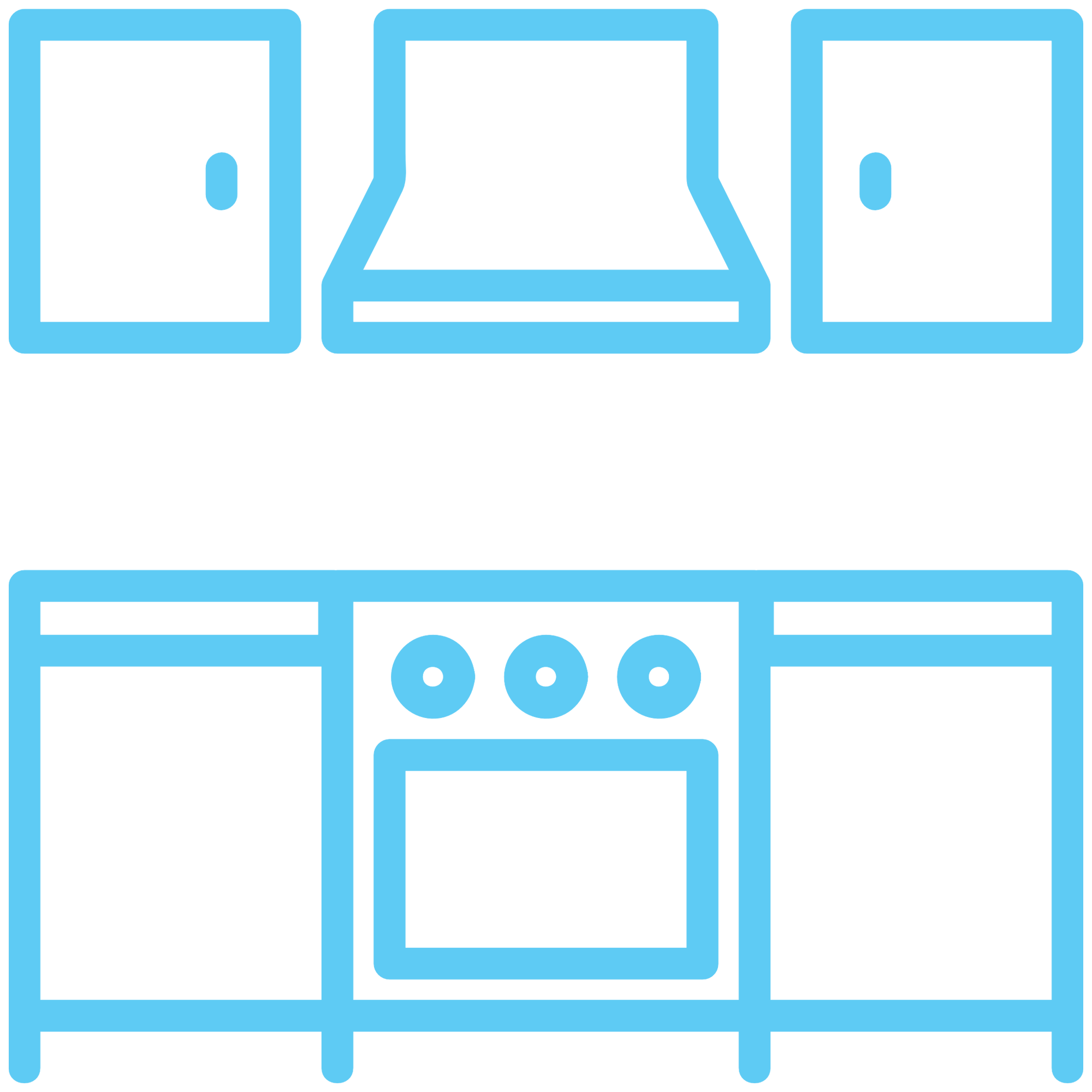 blue outline icon of a kitchen including cabinets, an oven and an extractor fan