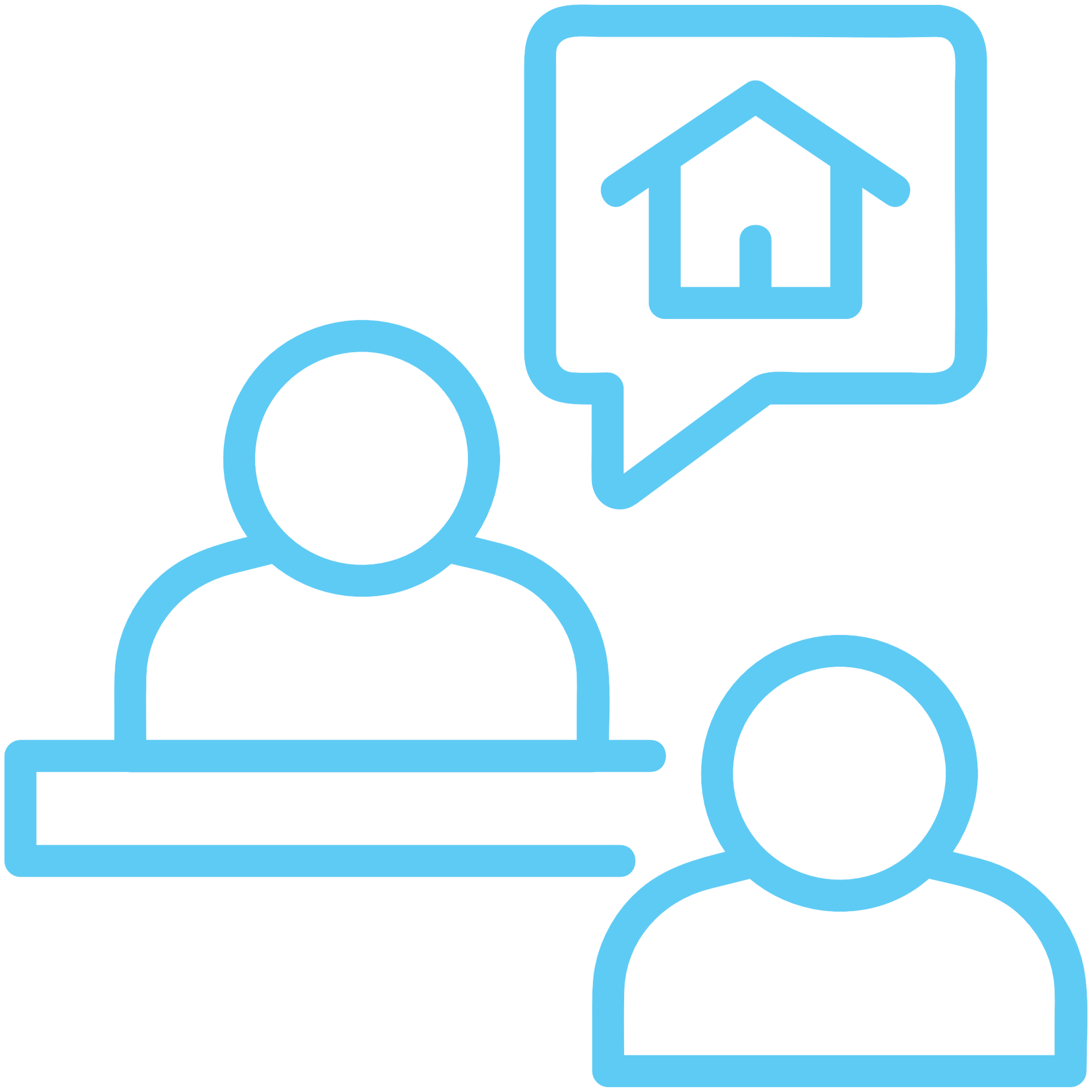 blue icon of 2 people with a speech bubble coming from one person. There is a house icon inside the speech bubble