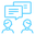 blue outline of 2 people with speech bubbles and lines of writing inside the bubbles