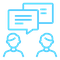 blue outline of 2 people with speech bubbles and lines of writing inside the bubbles