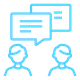 blue outline of 2 people with speech bubbles and lines of writing inside the bubbles