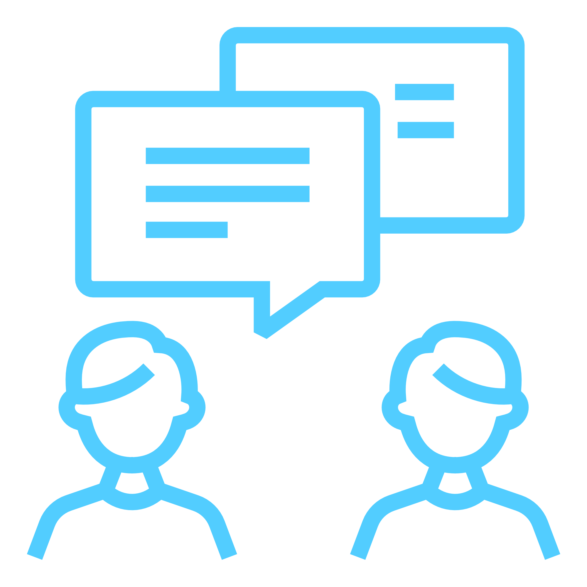 blue outline of 2 people with speech bubbles and lines of writing inside the bubbles