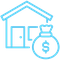 blue icon of a house with a bag of money next to it