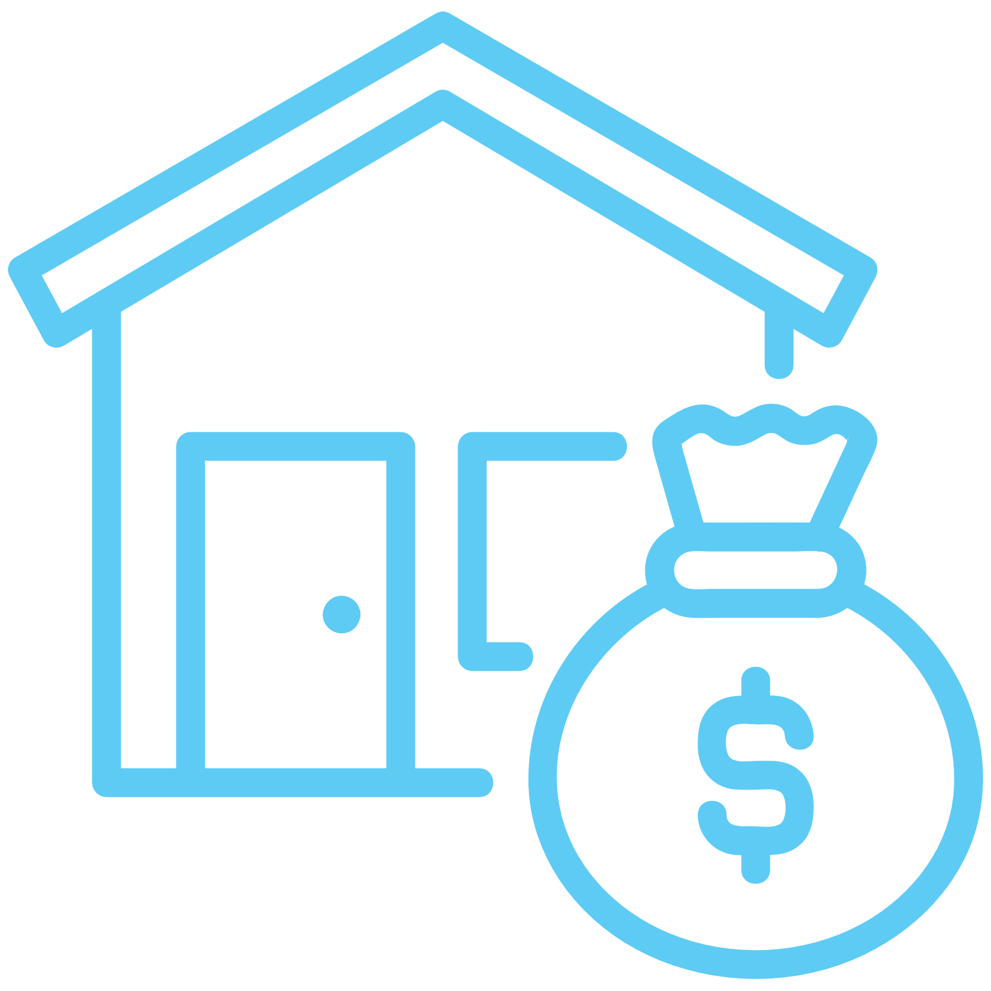 blue icon of a house with a bag of money next to it
