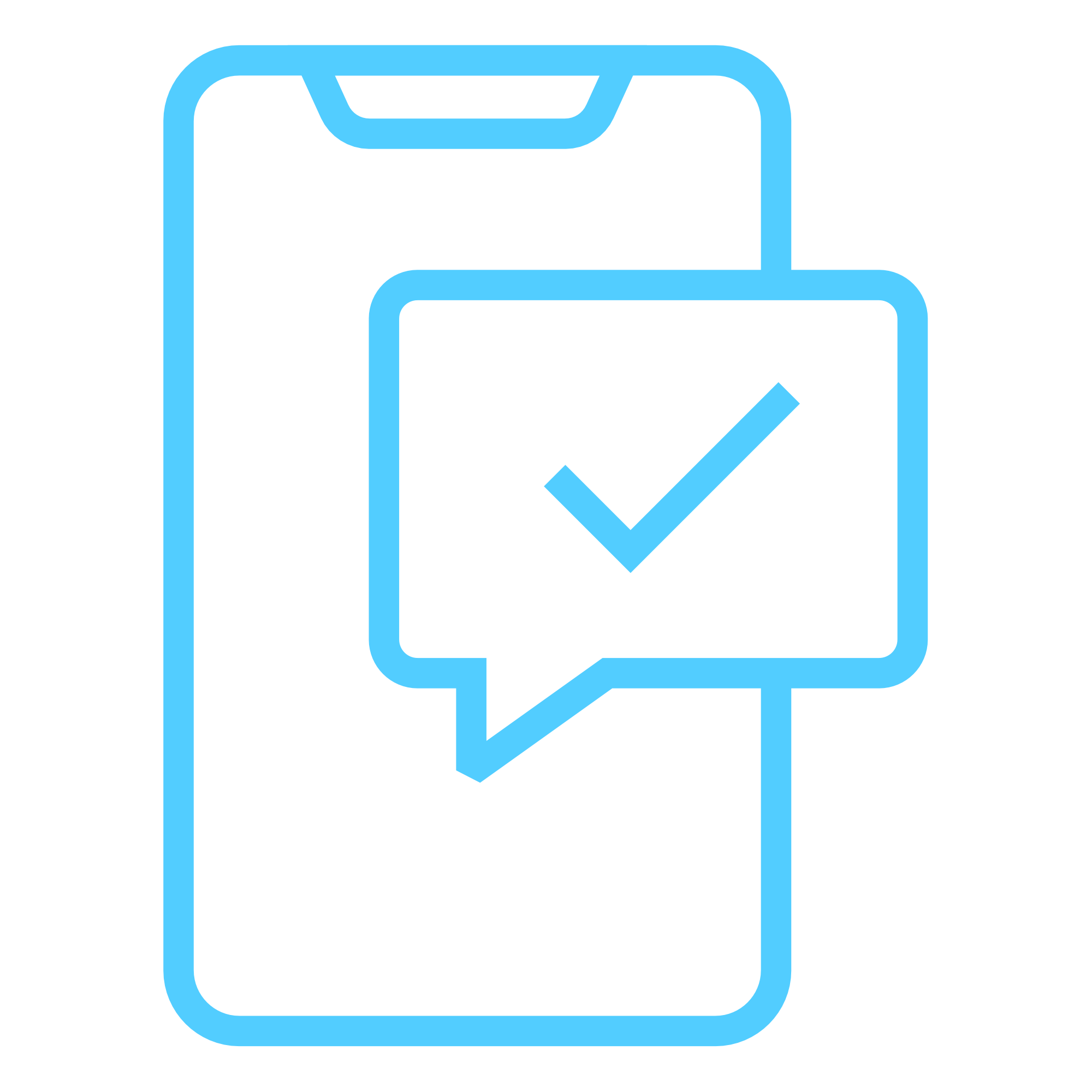 blue mobile phone icon with a speech bubble and a tick inside the bubble