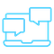 blue outline of a laptop with 2 speech bubbles suggesting an online chat