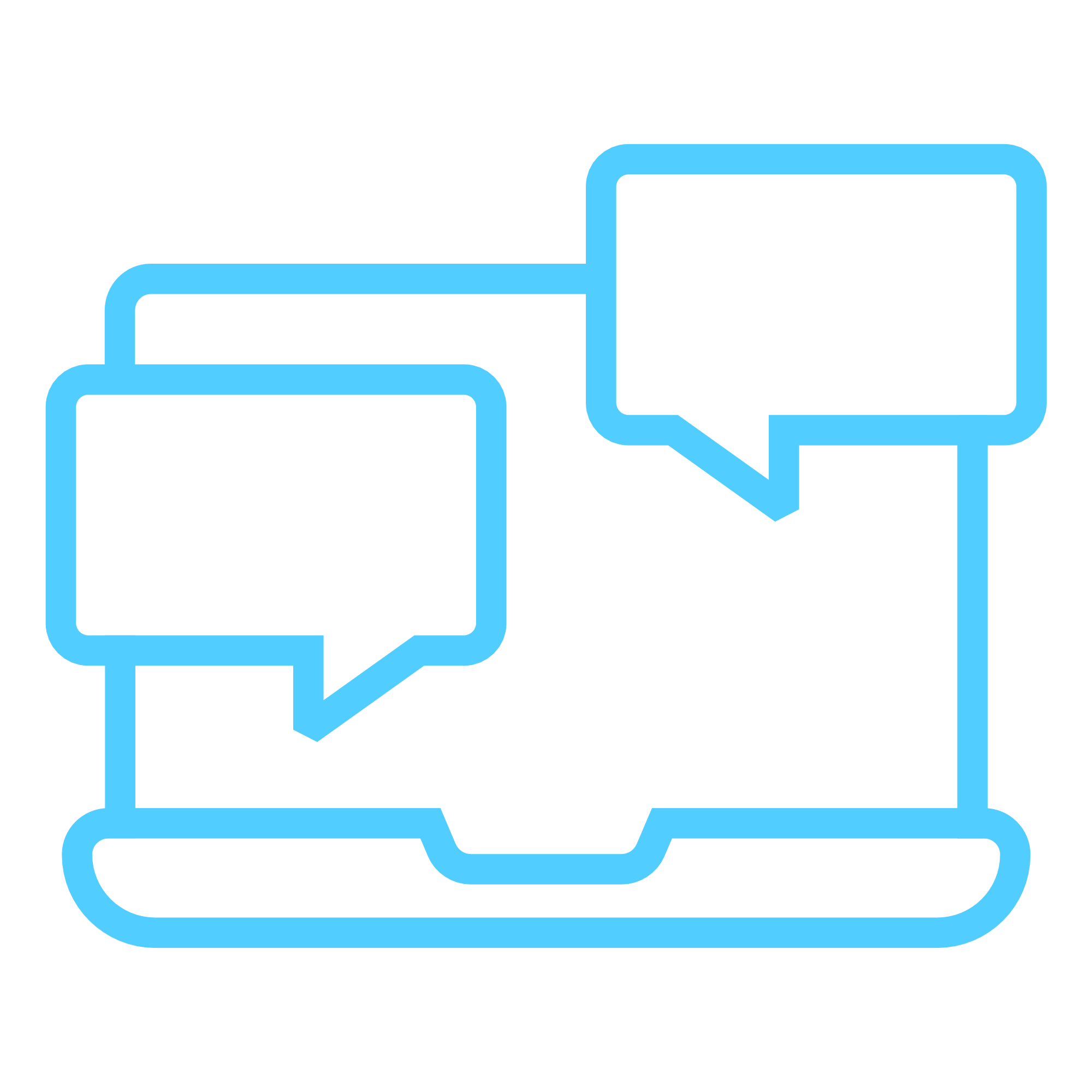 blue outline of a laptop with 2 speech bubbles suggesting an online chat