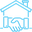 blue icon of shaking hands in front of the outline of a house